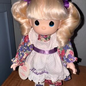 Precious Moments Blonde Doll in Purple Floral Dress with White Apron